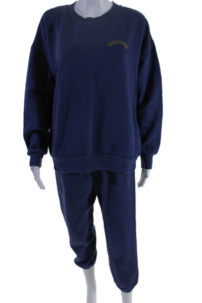 SPRWMN Womens Long Sleeve Crew Neck Sweat Shirt & Sweatpants Set Blue Medium