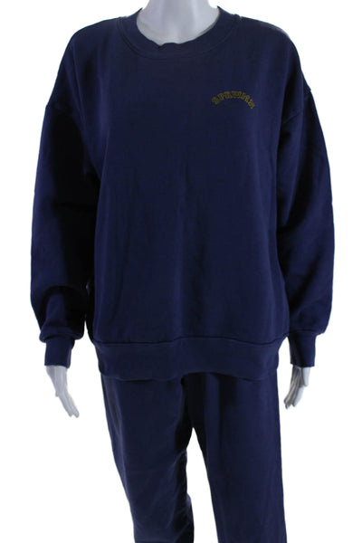 SPRWMN Womens Long Sleeve Crew Neck Sweat Shirt & Sweatpants Set Blue Medium