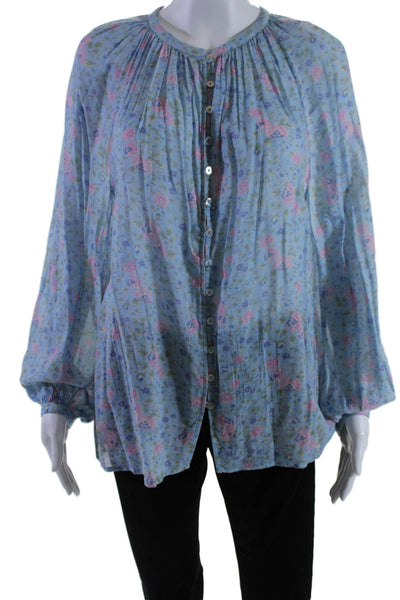 Spell Womens Long Sleeve Floral Print Button Down Blouse Blue Size Small