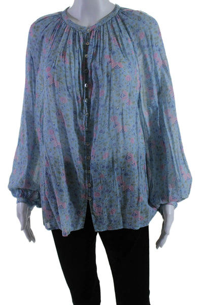 Spell Womens Long Sleeve Floral Print Button Down Blouse Blue Size Small