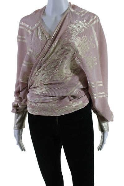 My Story Paris Womens Long Sleeve Abstract Print Pleated Wrap Top Pink Medium