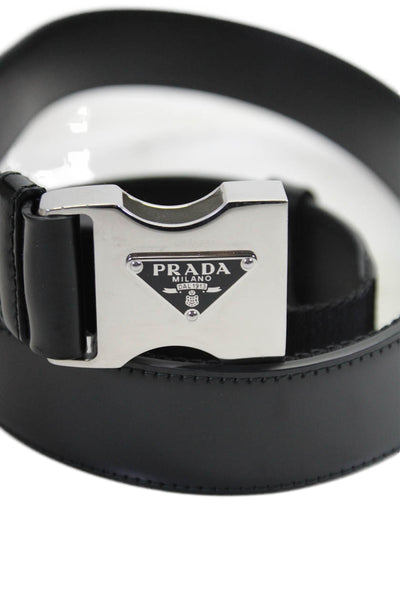 Prada Mens Patent Leather Silver Tone Deployment Closure Belt Black Size 38