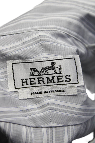 Hermes Mens Striped Button Down Dress Shirt Gray White Cotton Size 43 17