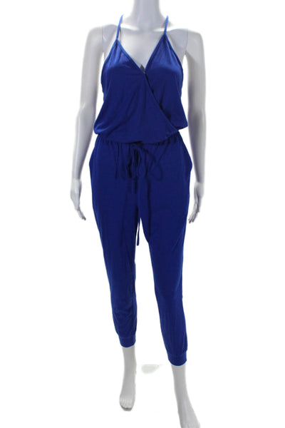 Adiblosy Women's Spaghetti Straps Cinch Waist Tapered Leg Jumpsuit Blue Size S