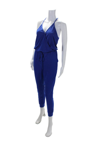 Adiblosy Women's Spaghetti Straps Cinch Waist Tapered Leg Jumpsuit Blue Size S