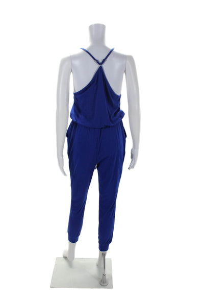 Adiblosy Women's Spaghetti Straps Cinch Waist Tapered Leg Jumpsuit Blue Size S