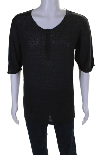 Faite Avec By D Or Mens Short Sleeve Scoop Neck Linen Henley Shirt Black Size XL