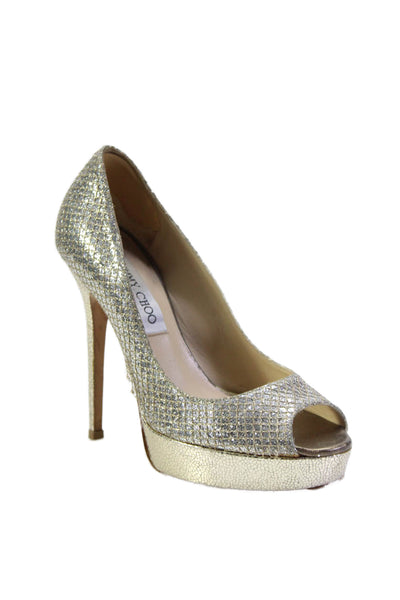 Jimmy Choo Womens Peep Toe Platform Pumps Silver Metallic Gold Size 36 6