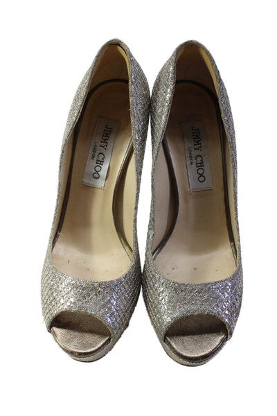 Jimmy Choo Womens Peep Toe Platform Pumps Silver Metallic Gold Size 36 6