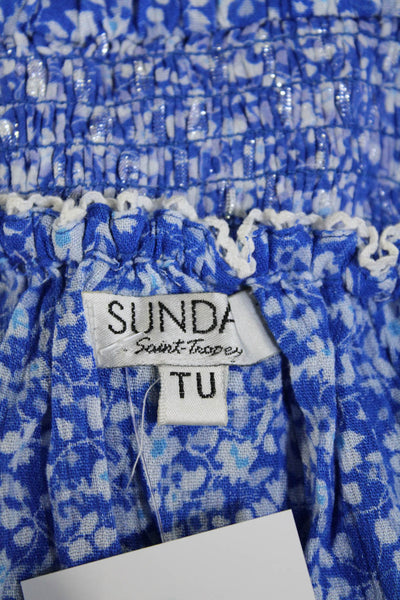 Sunday Saint Tropez Womens Blue Floral Off Shoulder Ruffle Shift Dress Size S