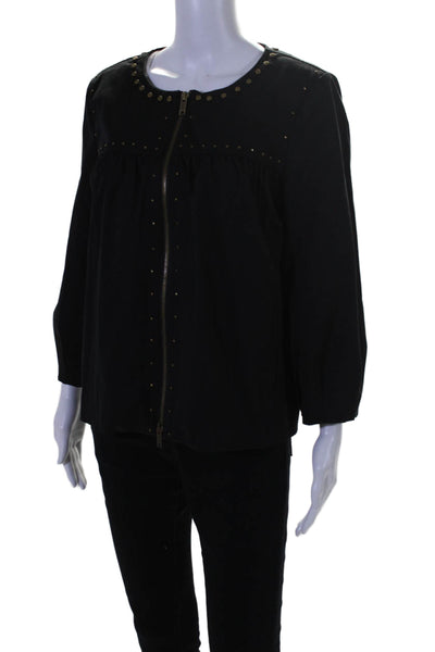 DKNY Womens Beaded Full Zipper Long Sleeves Jacket Black Gold Cotton Size 10