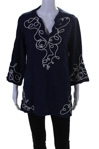 Lilly Pulitzer Womens Linen Embroidered Blouse Navy Blue White Size Medium