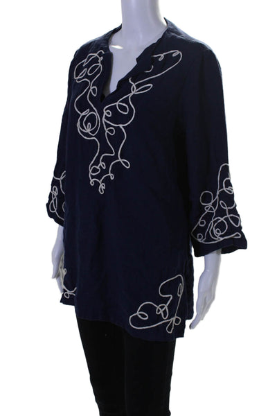 Lilly Pulitzer Womens Linen Embroidered Blouse Navy Blue White Size Medium