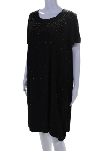 DKNY Womens Silk Beaded Short Sleeves Mid Calf Dress Black Gold Size 12