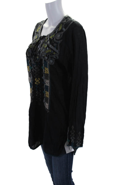 Biya Womens Embroidered Key Hole Neck Long Sleeves Blouse Black Cotton Size Larg