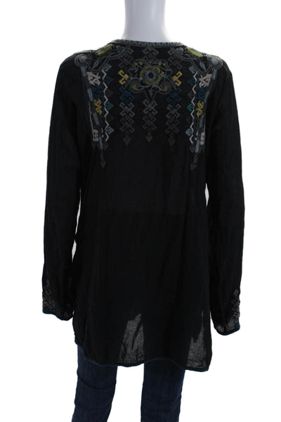 Biya Womens Embroidered Key Hole Neck Long Sleeves Blouse Black Cotton Size Larg