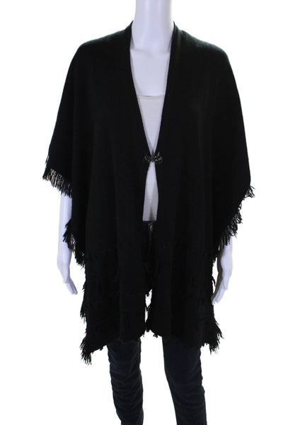 Barrie Women's V-Neck Sleeveless Fringe Embellish Poncho Black Size M