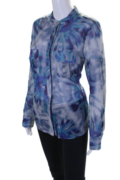 BCBGMAXAZRIA Womens Cotton Blue Tie Dye Crew Neck Long Sleeve Blouse Size L