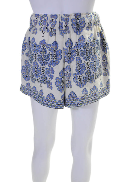 Omika Womens Cotton Floral High Rise Drawstring Waist Shorts Beige Blue Size S