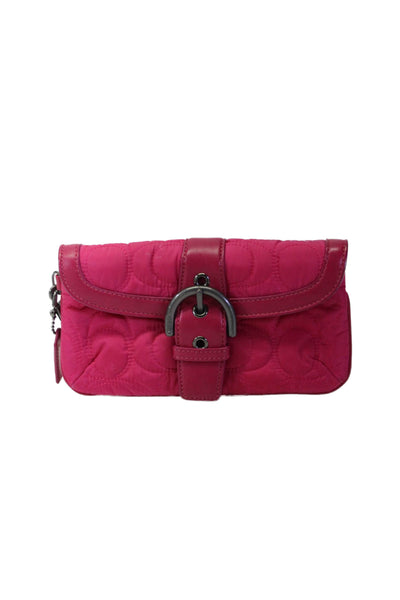 Coach Womens Leather Trim Quilted Monogram Wristlet Pouch Wallet Pink