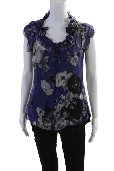 Elie Tahari Womens Silk Floral Print Button Down Blouse Blue Size S