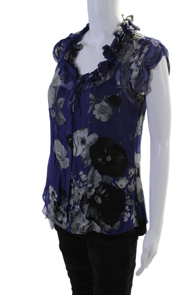 Elie Tahari Womens Silk Floral Print Button Down Blouse Blue Size S