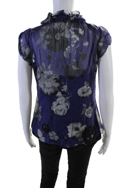 Elie Tahari Womens Silk Floral Print Button Down Blouse Blue Size S