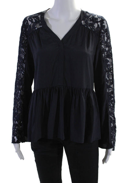 Nanette Lepore Womens Navy Lace Trim Long Sleeve Peplum Blouse Top Size S