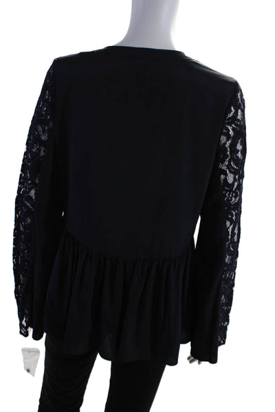 Nanette Lepore Womens Navy Lace Trim Long Sleeve Peplum Blouse Top Size S