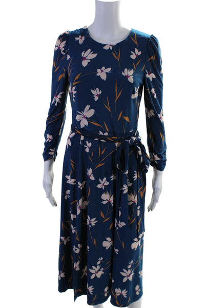 Eliza J Womens Belted Long Sleeve V-neck Bottom Slit Floral Maxi Dress Blue Size