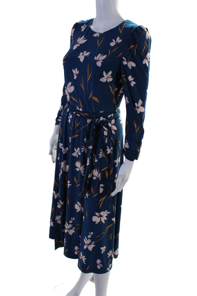 Eliza J Womens Belted Long Sleeve V-neck Bottom Slit Floral Maxi Dress Blue Size