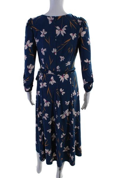 Eliza J Womens Belted Long Sleeve V-neck Bottom Slit Floral Maxi Dress Blue Size