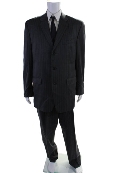 Calvin Klein Mens Collar Button Stripped Lined Suit Jacket Pants Set Gray Size 4