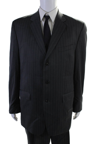 Calvin Klein Mens Collar Button Stripped Lined Suit Jacket Pants Set Gray Size 4