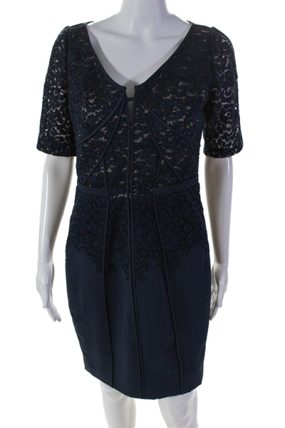 J. Mendel Women's Scoop Neck Short Sleeves Lace A-line Mini Dress Blue Size 8