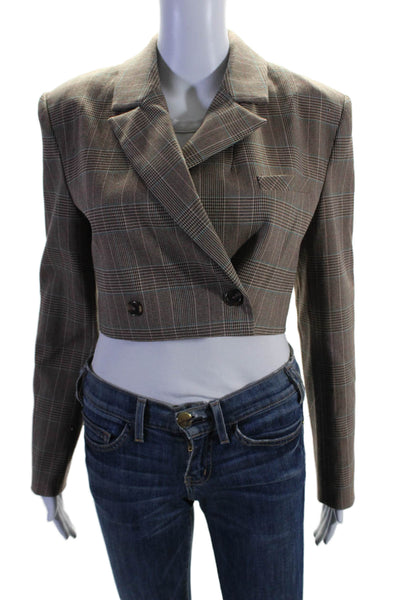 The Westside Womens Cotton Lined Collar Button Plaid Crop Blazer Brown Size XS