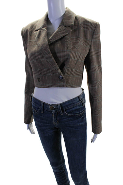 The Westside Womens Cotton Lined Collar Button Plaid Crop Blazer Brown Size XS