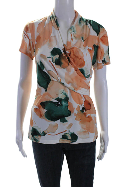 DKNY Womens Orange Watercolor Print V-neck Short Sleeve Blouse Top Size S