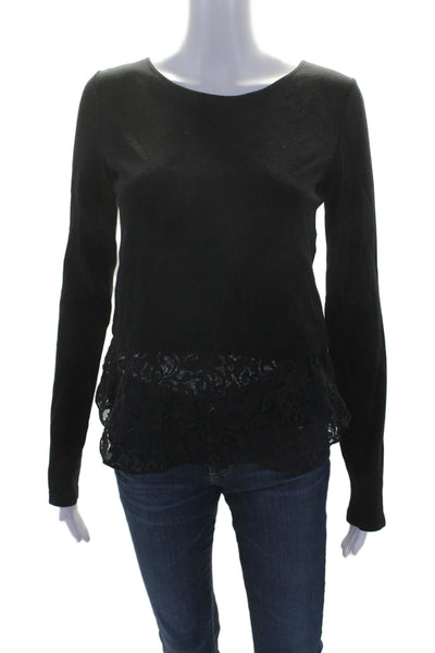 Theory Womens Lace Patchwork Round Neck Layered Long Sleeve Top Black Size P