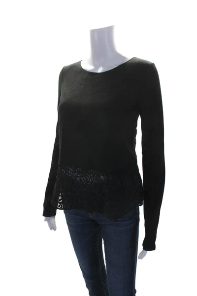 Theory Womens Lace Patchwork Round Neck Layered Long Sleeve Top Black Size P