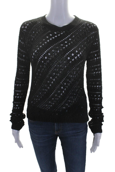 Theory Womens Cotton Open Knitted Long Sleeve Round Neck Top Black Size P