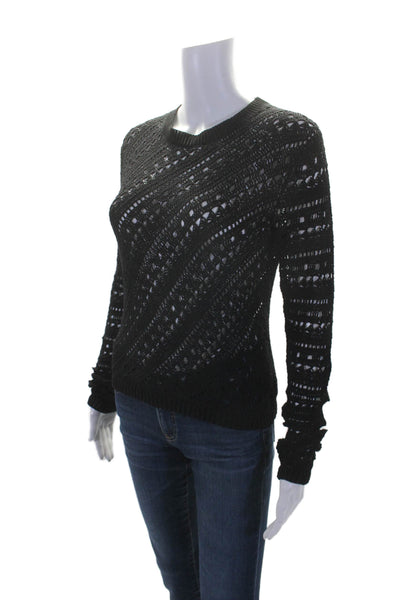 Theory Womens Cotton Open Knitted Long Sleeve Round Neck Top Black Size P