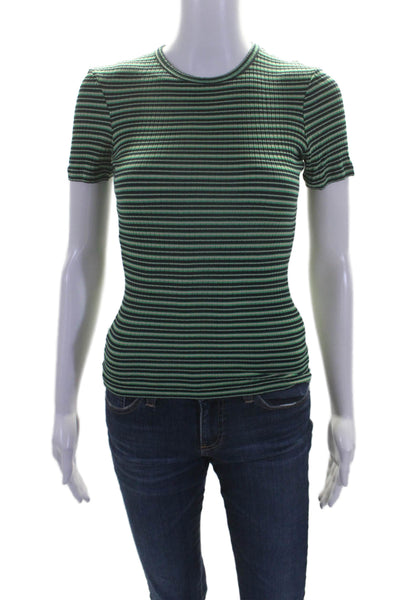 La Ligne Womens Striped Print Ribbed Round Neck Short Sleeve Top Green Size XS