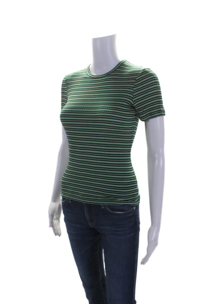 La Ligne Womens Striped Print Ribbed Round Neck Short Sleeve Top Green Size XS