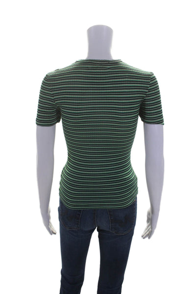 La Ligne Womens Striped Print Ribbed Round Neck Short Sleeve Top Green Size XS