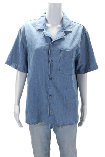 Frame Womens Cotton Linen Blend Blue Collar Short Sleeve Button Down Shirt SizeM