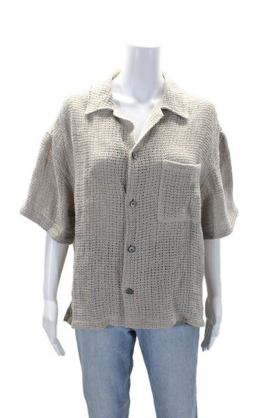 Frame Womens Brown Open Knit Collar Short Sleeve Button Down Shirt Size M