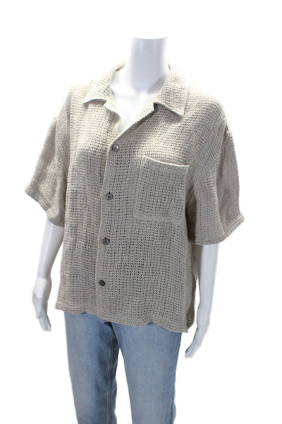 Frame Womens Brown Open Knit Collar Short Sleeve Button Down Shirt Size M