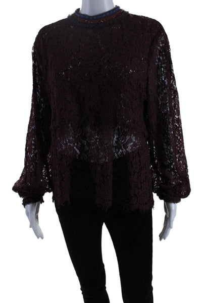 Blank London Women's Round Neck Long Sleeves Lace Blouse Purple Size L