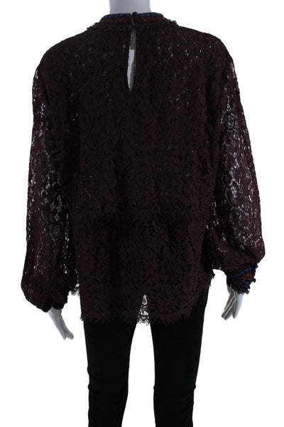 Blank London Women's Round Neck Long Sleeves Lace Blouse Purple Size L